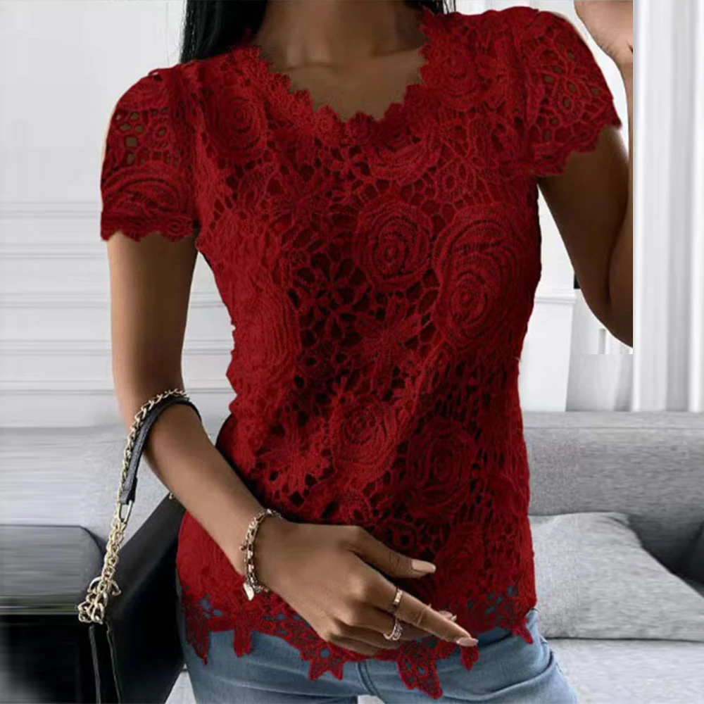 Plus Size Oversized Lace T-Shirt - Casual Round Neck Short Sleeve Top