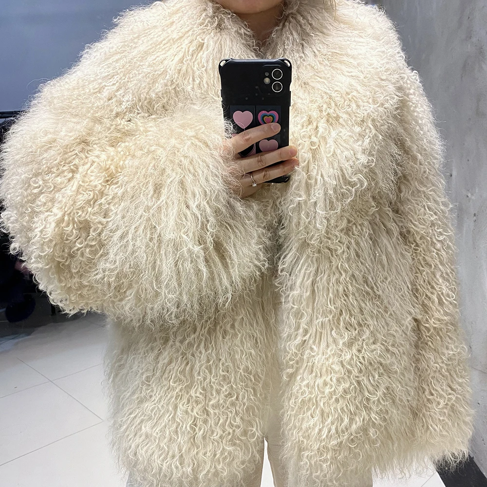 YOLOAgain Women's Real Mongolia Sheep Fur Jacket Dark Brown Sheep Fur Jacket 4
