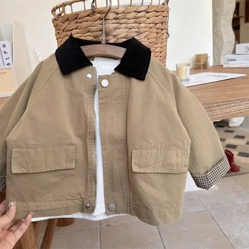 Trench Outerwear Turn-down Collar Zipper Full Sleeve Spring Cotton Simple Clean Fashion Casual Comfortable Kid Unisex kids jacket girls trench coats