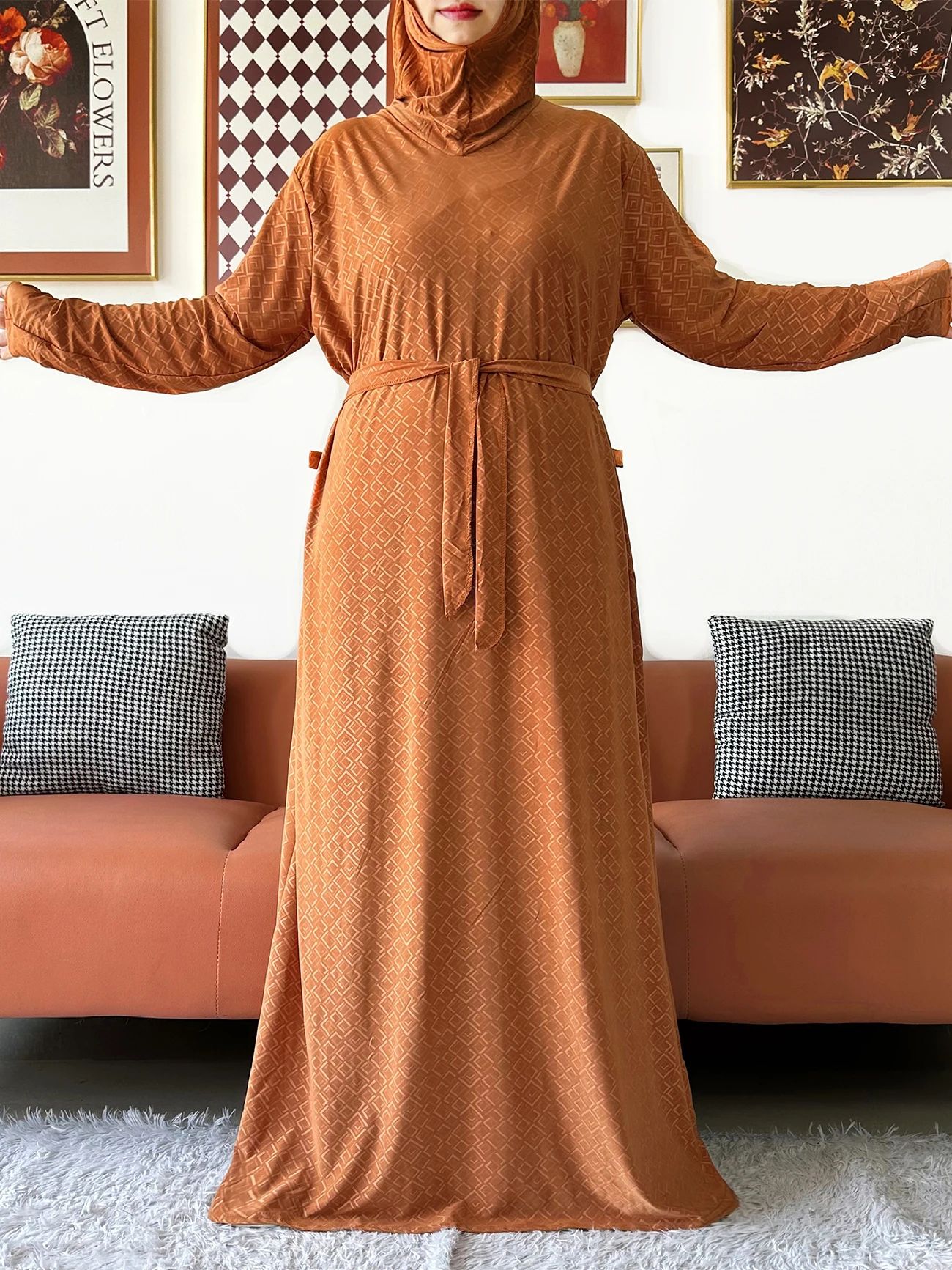 2025 Muslim Solid Abaya For Women Ramadan Prayer Garment Joint Hat Dubai Turkey Middle East Femme Robe Floral Loose Dress 6