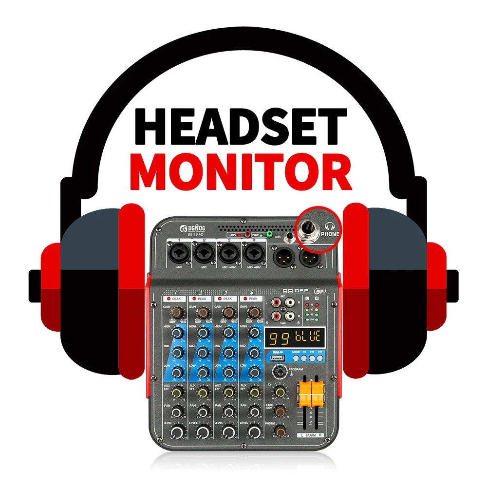 RE-4 PRO 6 Channel Audio Mixer 99 DSP Effects Sound Mixing DJ Console with Bluetooth USB for Party Recording Studio Computer