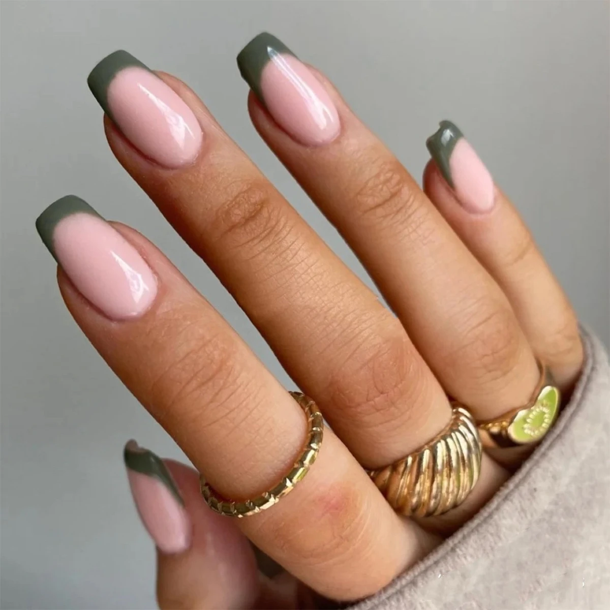 24pcs Short Coffin Olive Green French Wearable Manicure Finished Fake Nails  Full Cover Press On Nails| | - AliExpress
