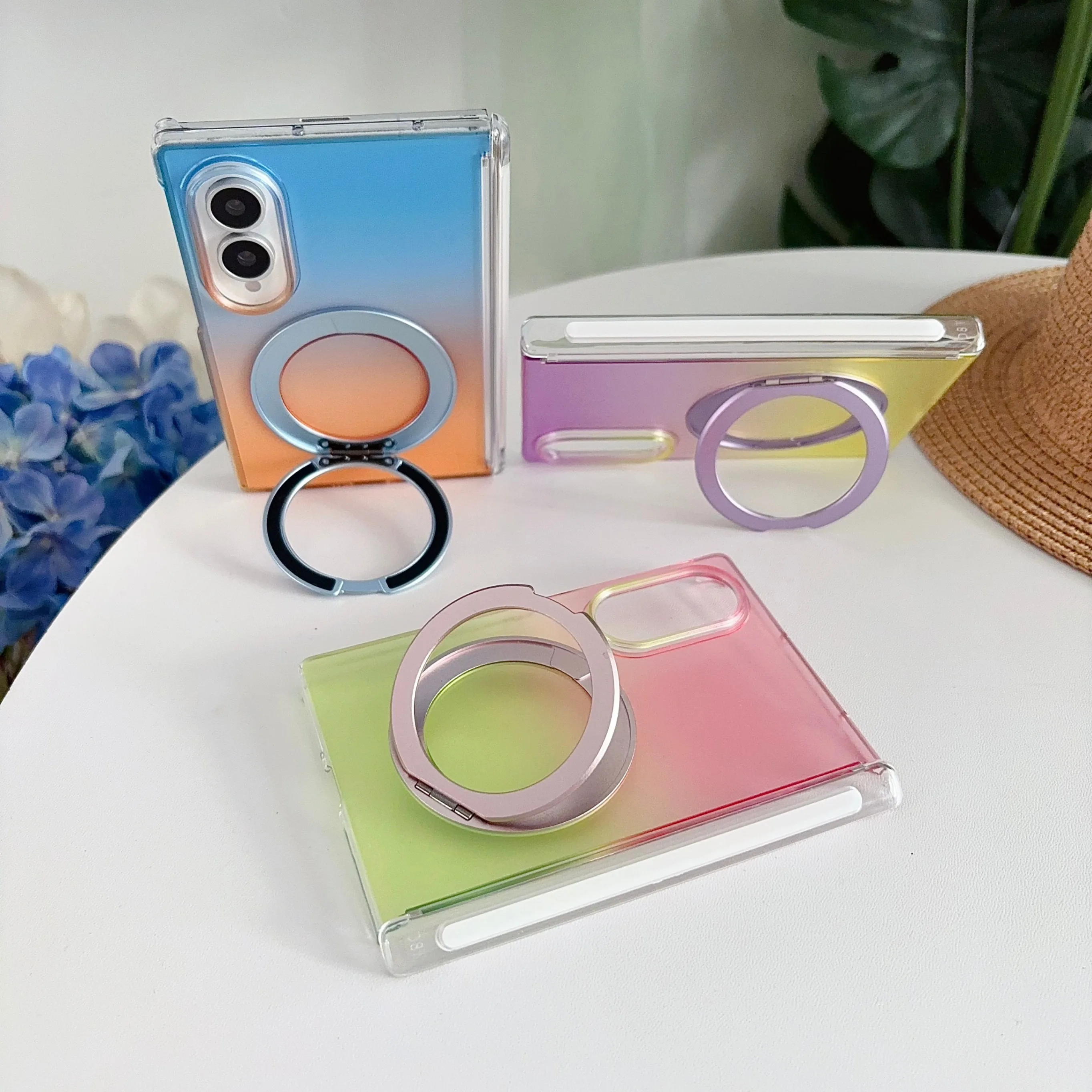Stylish Gradient Acrylic Case with Built-in Magnetic 360° Rotating Stand and Wireless Charging Compatibility
