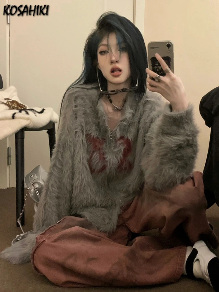 Y2k 미적인 자카드 루즈 가디건 스트리트웨어 여성용 모피 더블 지퍼 스웨터, 하라주쿠 페어리 니트 그런지 스위트 코트