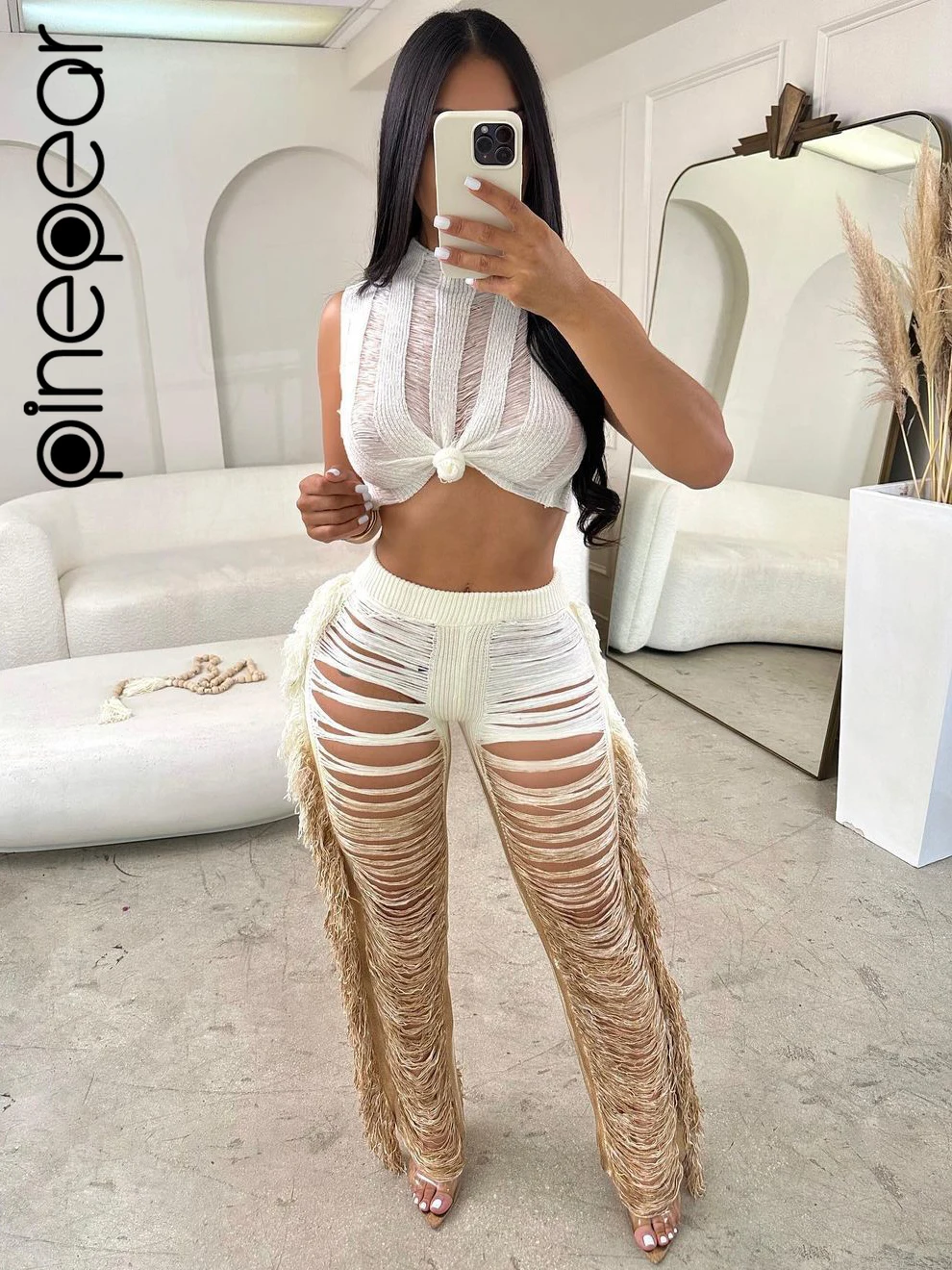 

PinePear Crochet Knit Women Two Piece Outfits Tank Crop Top + Tassel Long Pants Hollow Out See Through Beach Club Sexy 2Pcs Sets