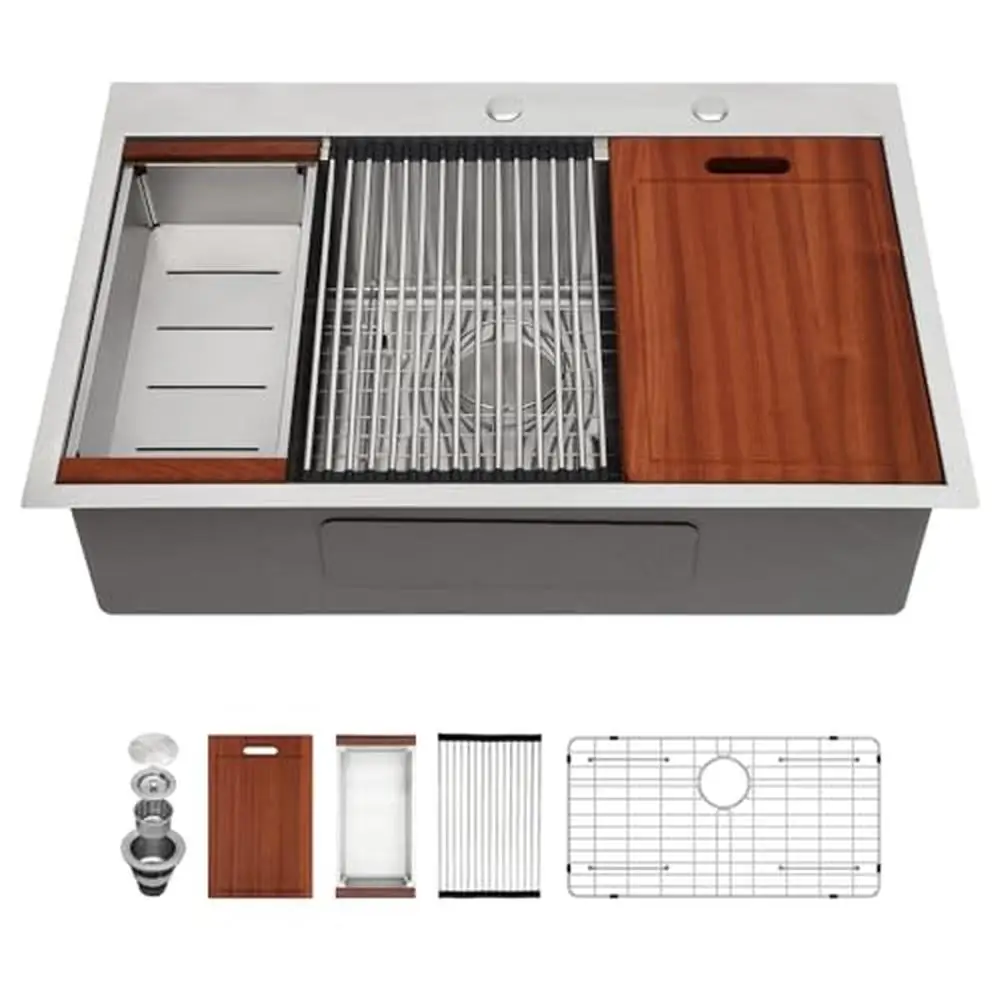 Stainless Steel 33x22 Drop In Kitchen Sink Workstation 16 Gauge Single Bowl Fast Drain Deep Over Counter Includes Cutting Board 2