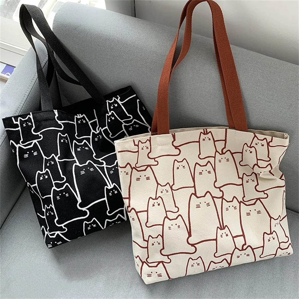 Cute Cat Print Picnic Bag Large Capacity Canvas Simple Shoulder Tote Bags Women Zipper Handbag Camping Accessories