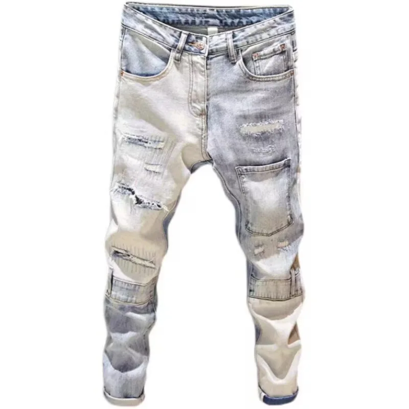 Men Ripped Jean Distressed Jeans Denim Washed Ankle Length Pencil Pants Spliced Patchwork Jeans Skinny Holes High Street