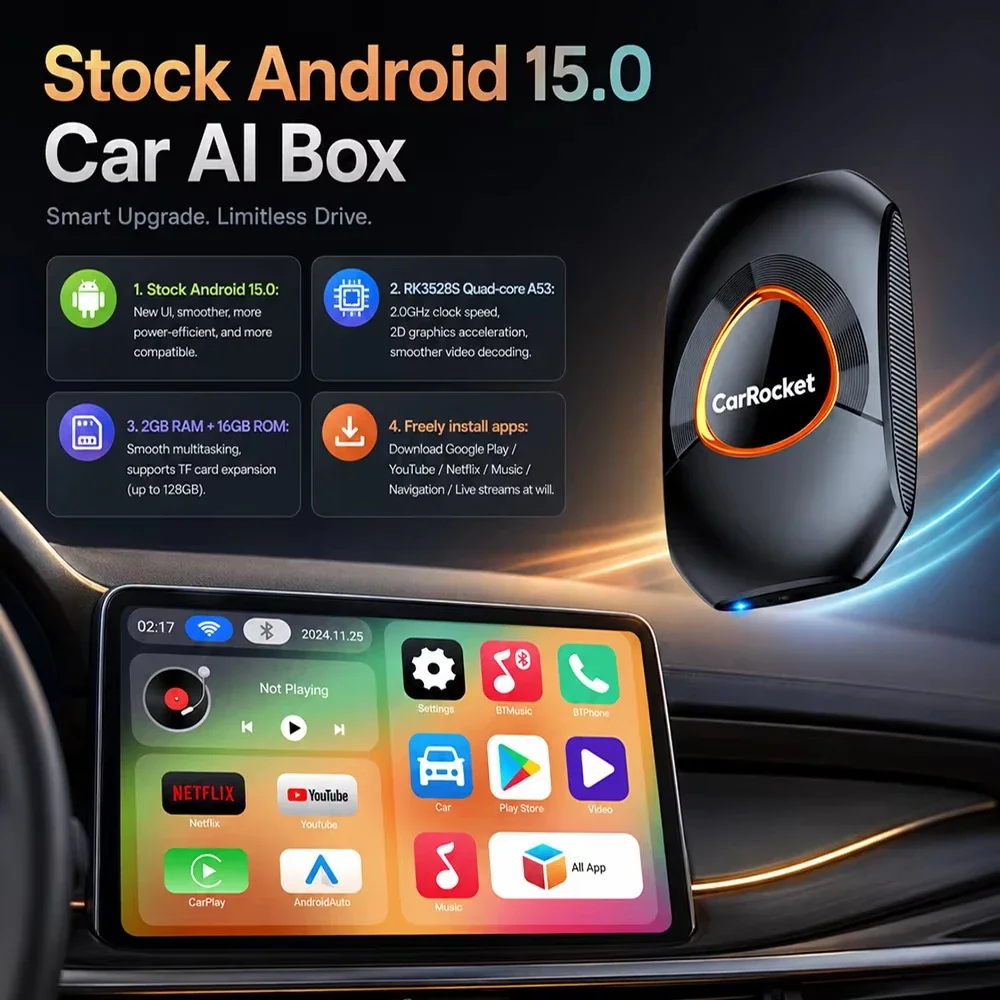 Box Smart AI Android 15 con Carplay Wireless e Adattatore Android Auto per YouTube e Netflix, Compatibile con Lexus, Ford, Toyota, VW, Benz, Kia, MG, Haval, Fiat - Image 3