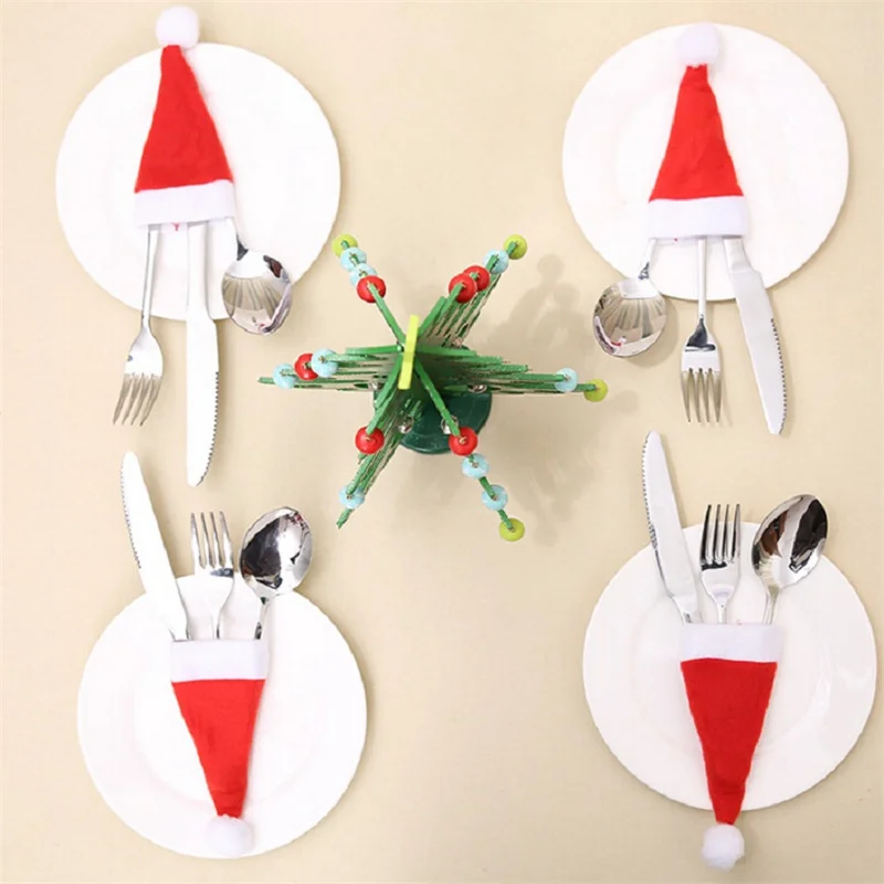 10/5pcs Xmas hat Decorations Kitchen Fork Knife Cutlery Storage Holder Bag Pocket Spoon Bags Dinner Table Decor Ornament navidad