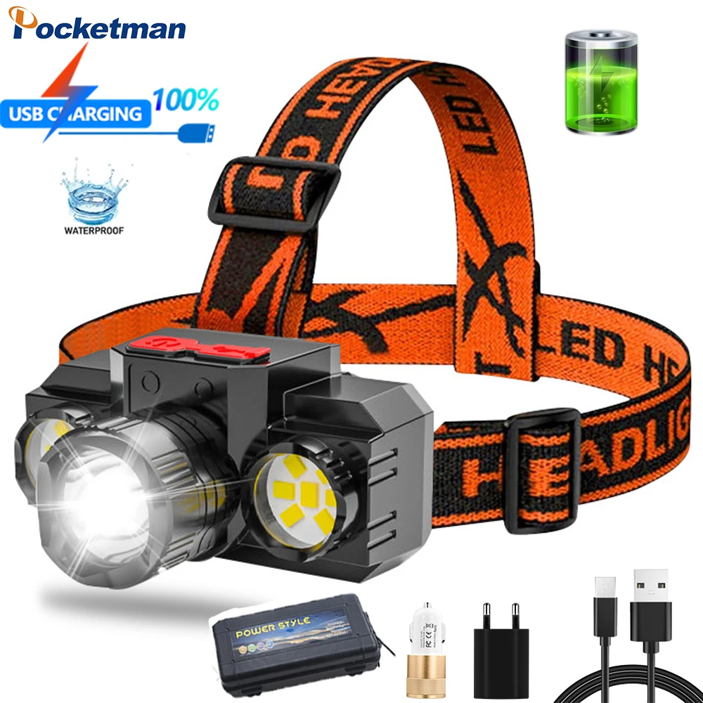 

Brightest LED Headlamp USB Rechargeable Headlight with Built-in Battery Power Bank Head Torch Head Lanterna 4 Modes Work Lights