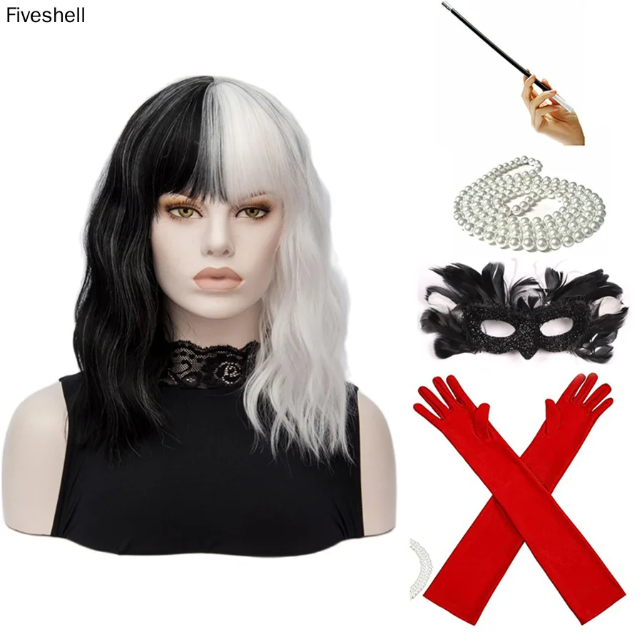 

Cosplay Halloween Costume Party Wig CRUELLA Deville De Vil Black White With Bangs Short Bob Ladies Heat-Resistant Synthetic Wig