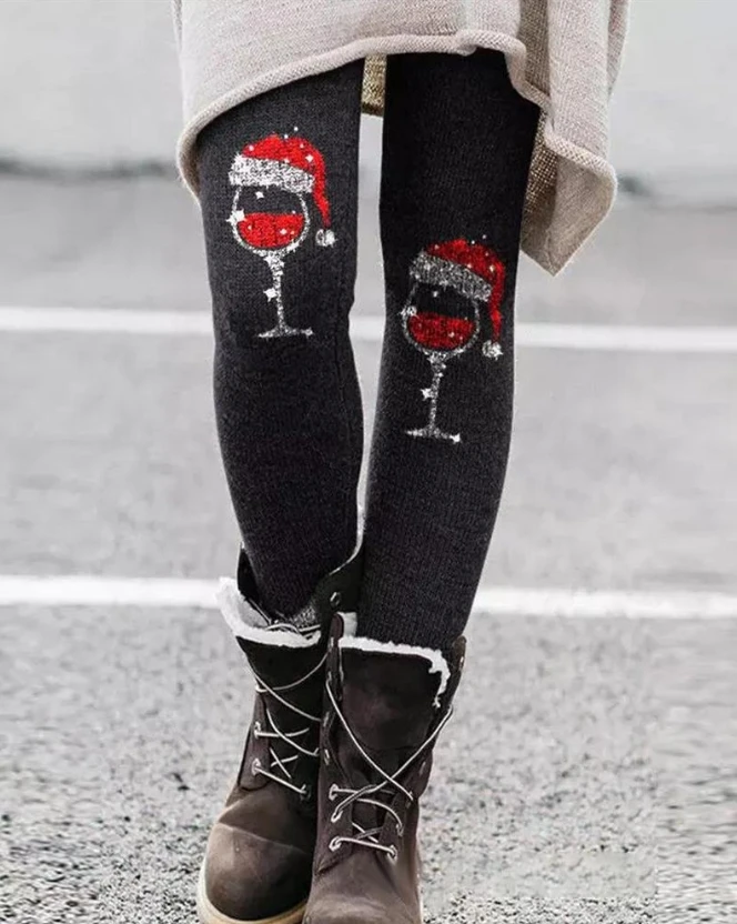 High Waisted Women's Pants 2023 New Hot Selling Fashion Christmas Wine Glass Printed Warm Wool Lining Leggings Holiday