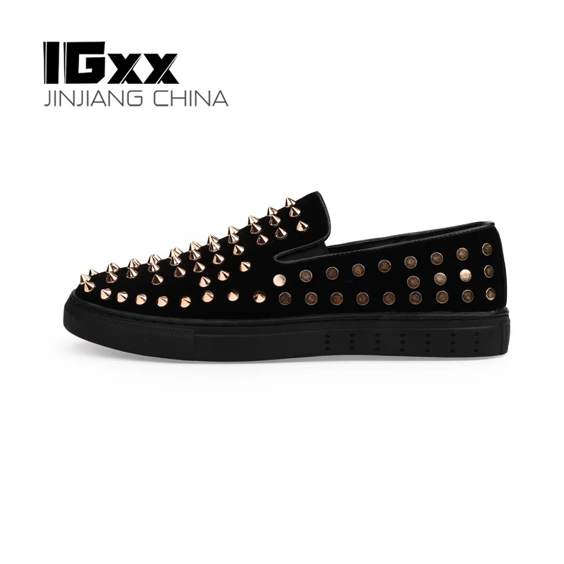 IGxx Elastic Rivet Shoes For Men Black Punk Metal Spikes Shoes Men's Clubs Flats Loafers Genuine Leather Motorcycle Shoes Men