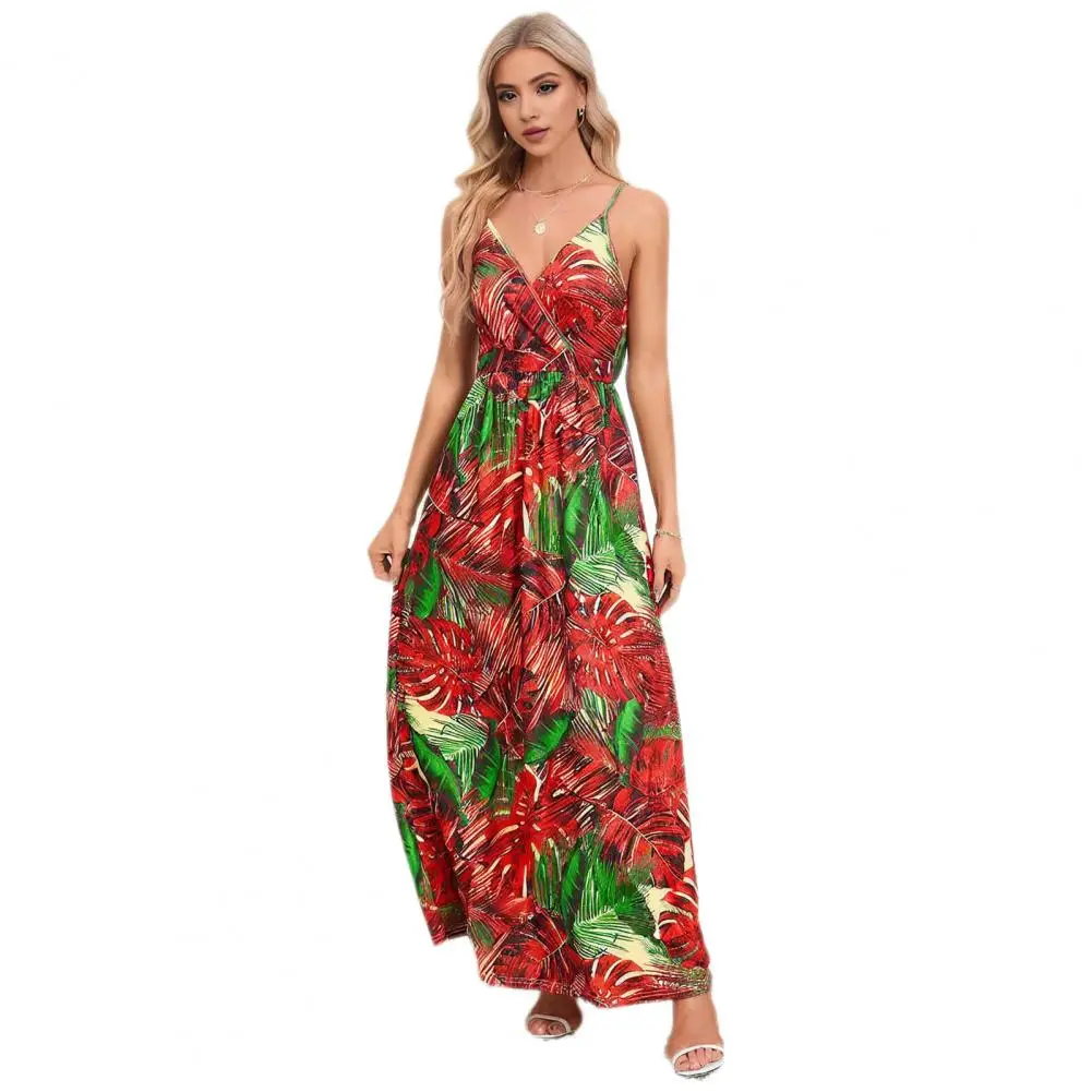 

Women Dress Print Backless Sleeveless Spaghetti Strap Tight High Waist Ankle Length V Neck Strappy vestidos para mujer