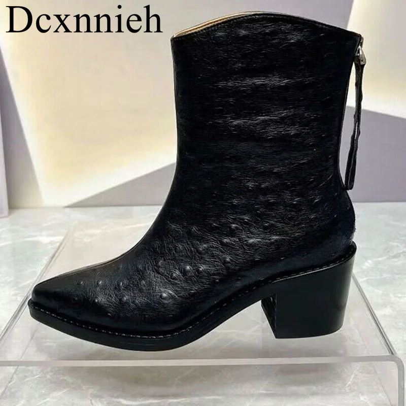 

New Women Square Heels Short Boots Pointed Toe Genuine Leather Mid Calf Boots Autumn Winter Fashion Rear Zipper Chelsea Boots