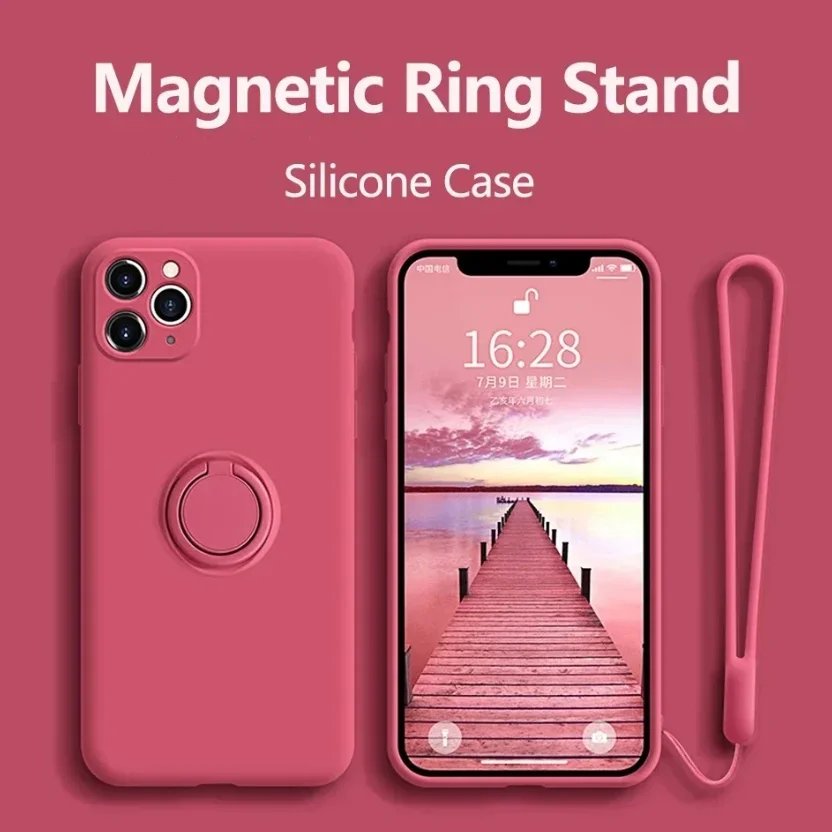 Liquid Silicone Phone Case with Holder Ring Stand and Wrist Strap