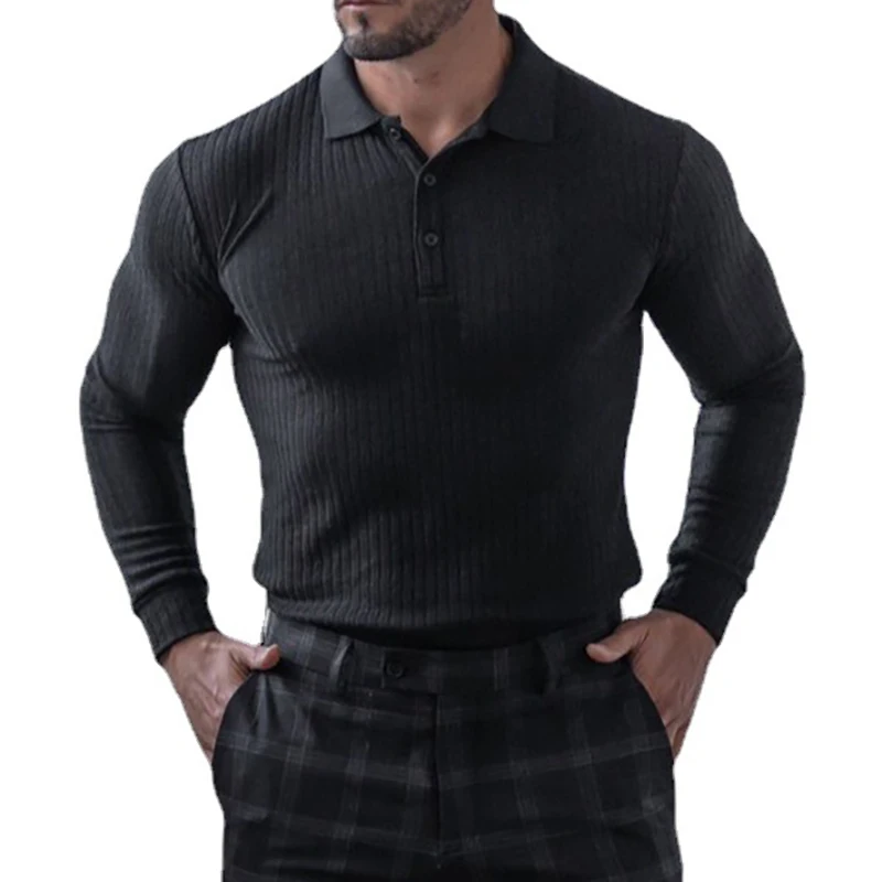 Autumn Knitted Long Sleeve Polo Shirt Men Spring Sports Polos Gym Clothing Fitness Workout Skinny T-shirt Bodybuilding Tee Shirt