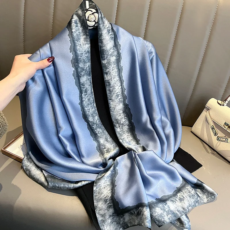 90X180CM Spring and Autumn Blue Camellia fashion summer Sunscreen beach Scarves scarves shawl Temperament scarf Holiday scarf 2