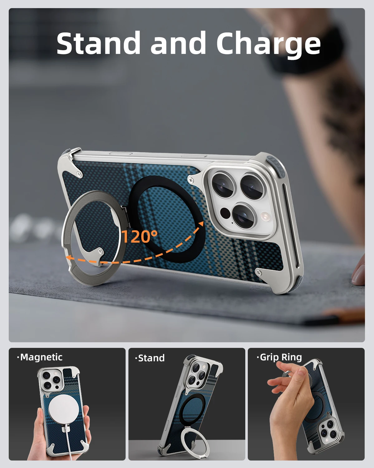 Eary for iPhone 17 16 Pro Max Case Magsafe with Magnetic Kickstand Kevlar Fiber Texture Phone Cover Metal Frameless Shockproof