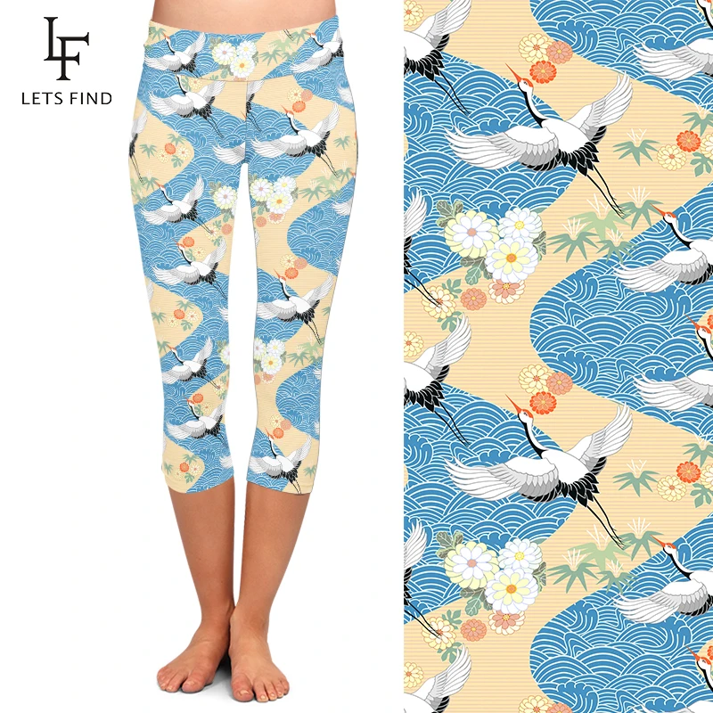 LETSFIND High Quaility Slim Women Capri Leggings Fashion 3D Egrets Print High Waist Fitness Soft Mid-Calf Leggings