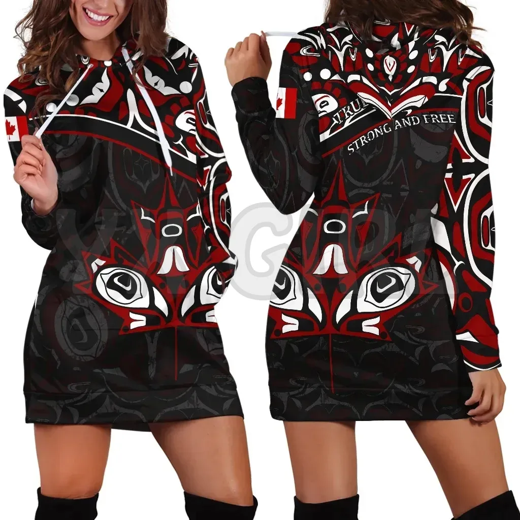 YX GIRL Canada Haida Maple Leaf Style D Printed Hoodie Dress Novelty Hoodies Women Casual LongSleeve Hooded Pullover Tracksuit