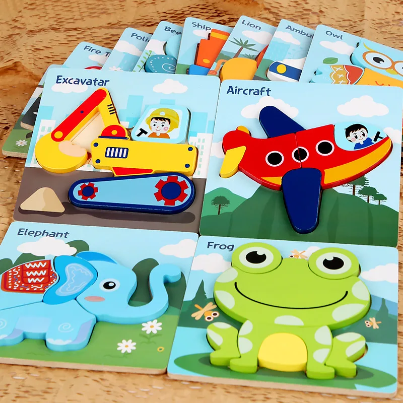Toddler Puzzles Wooden Jigsaw 5.87 in with 3D Cartoon Animals Frog Elephant Owl Lion Shape Montessori Toys for Infant Kids 3
