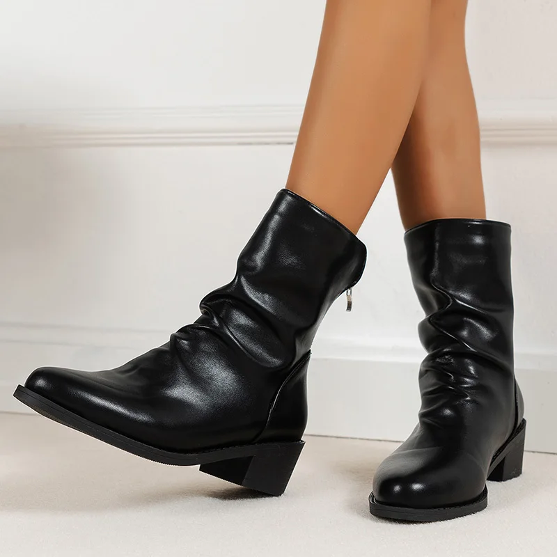 Pleated Leather Ankle Boots Women 2024 New Low Heels Fashion Boots for Woman Back Zipper Short Booties Plus Size 35-43 comfort
