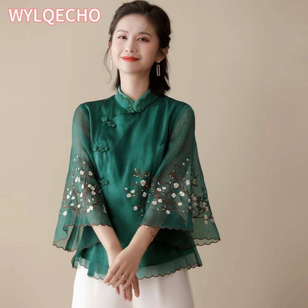 

2024 women's tang costume cheongsam top retro chinese style improved standing collar plate buckle lady zen tea suit blouse