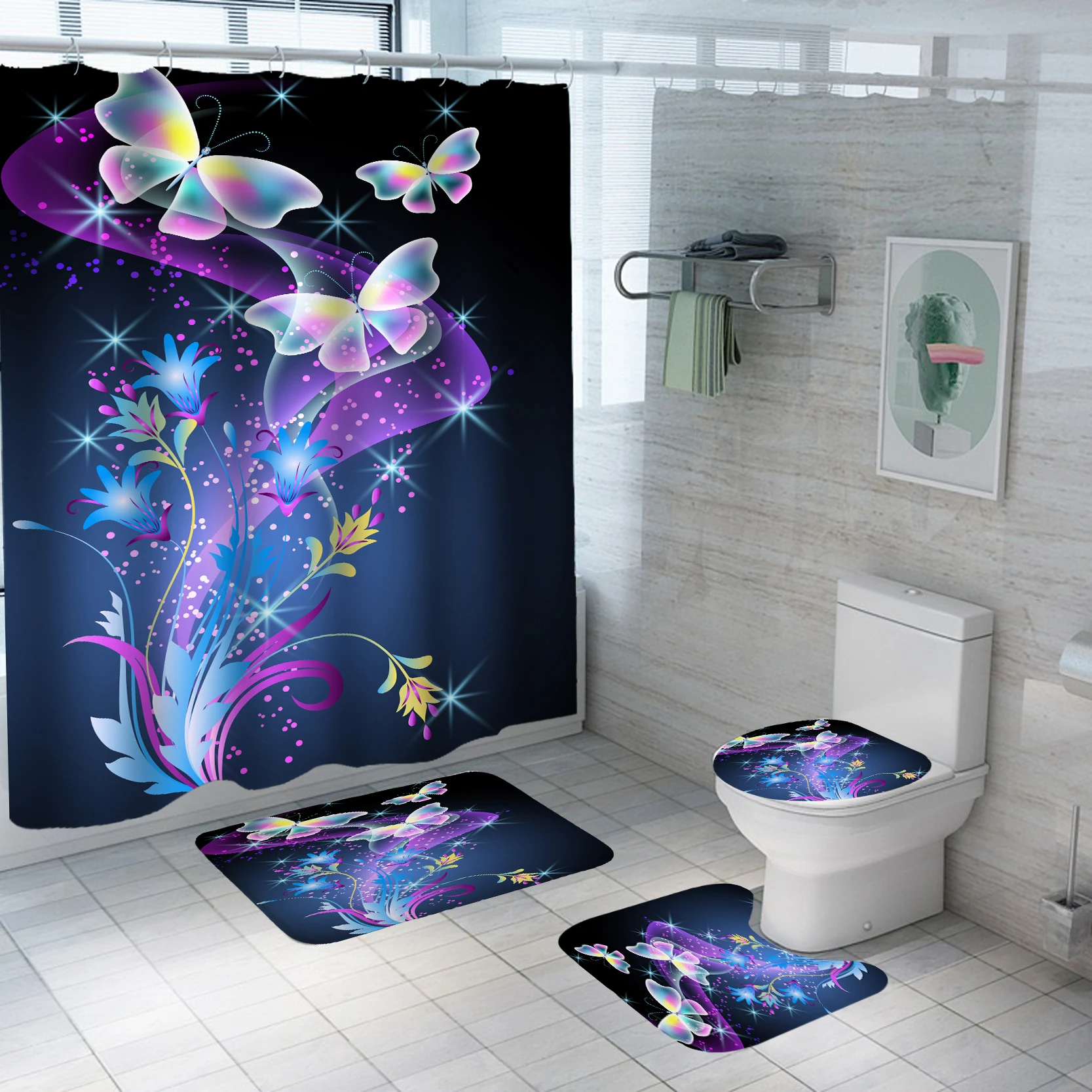 

Colorful Butterfly Shower Curtain Set Waterproof Bathroom Anti-slip Bath Mat Toilet Rugs Carpet Home Decor