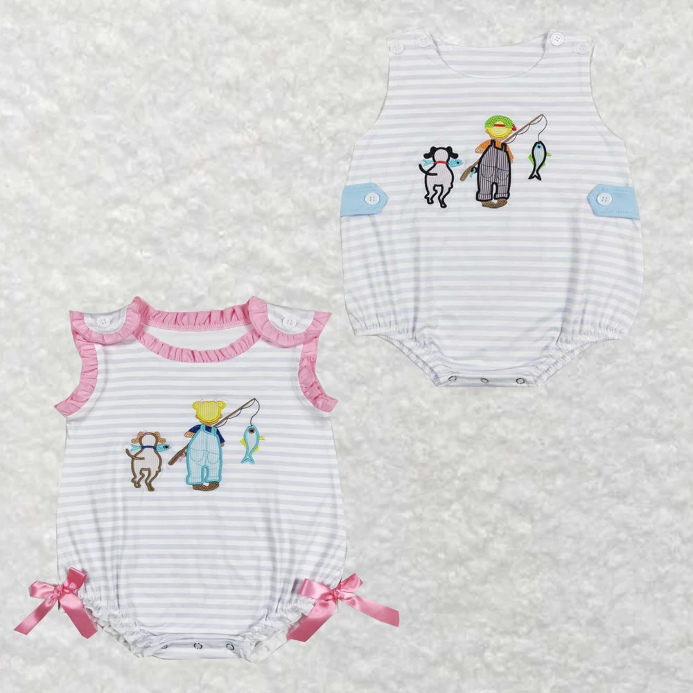 

Оптовая продажа, Детский комбинезон с вышивкой для рыбалки, девочки и мальчика, с щенком, голубой и белый полосатый розовый кружевной жилет, комбинезон