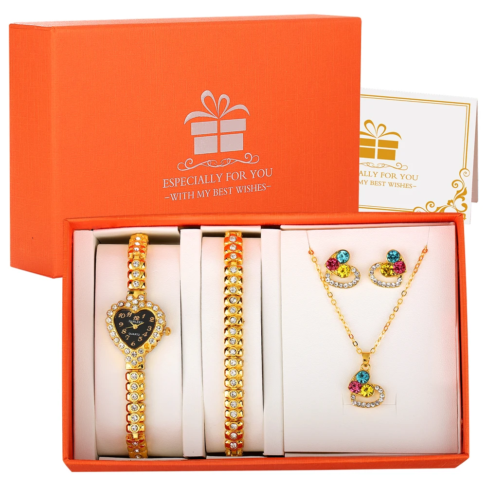 Luxury Elegant Watch for Women Earrings Necklace Jewellery Gift Set for Ladies Heart Rhinestone Quartz Wristwatch Reloj De Mujer