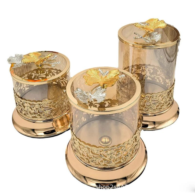 

3pcs Gold Plated Butterfly Jewelry Cosmetics Cotton Swab Aromatherapy Storage Jar Glass Candy Jar with Lid Metal Openwork Vase