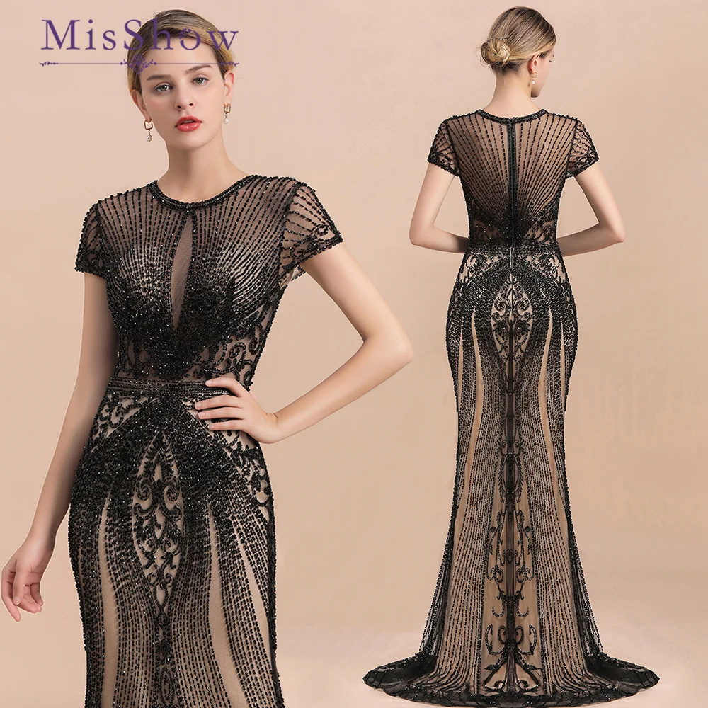 

MisShow Mermaid Long Evening Dresses 2024 Saudi Arabia Luxury Sexy Illusion Party Dress O Neck Beaded Formal Prom Gowns Women