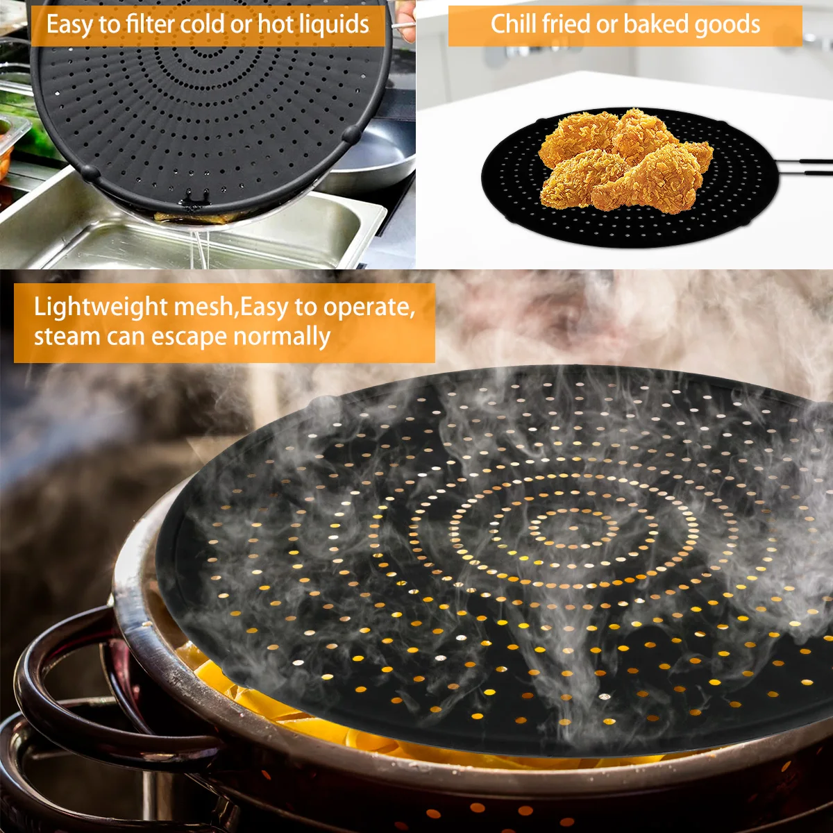 Kitchen Silicone Splatter Screen kitchen splatter screen kitchen splash guard Foldable Handle Heat-resisting Oil Splash Guard Drain Board Cover Frying Pan Lid Cooking Tools