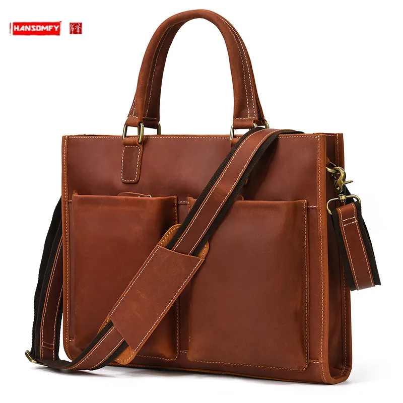 

Genuine Leather Men's Briefcase Crazy Horse Leather Handbag Shoulder Crossbody Bag Business Commute 14-Inch Computer Bags