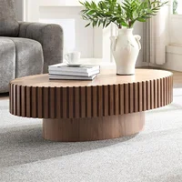 43.7''Oval Drum Coffee Table Handcrafted Relief Sturdy Pedestal Wooden Olive-Shaped Tea Table for Living Room 1