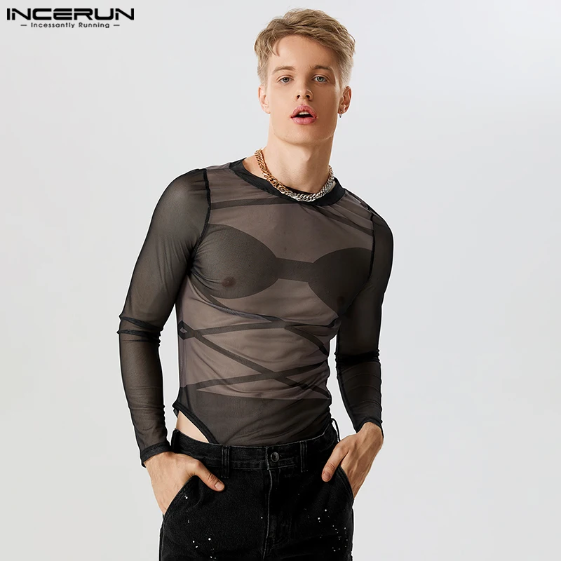 

INCERUN 2024 New Mens Thin Homewear Cross Print See-through Mesh Jumpsuits Stylish Well Fitting Male Sexy Long Sleeved Bodysuits