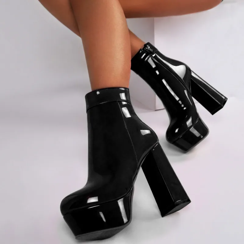 2024 Platform Boots High Heels Patent Leather Women's Ankle Boots