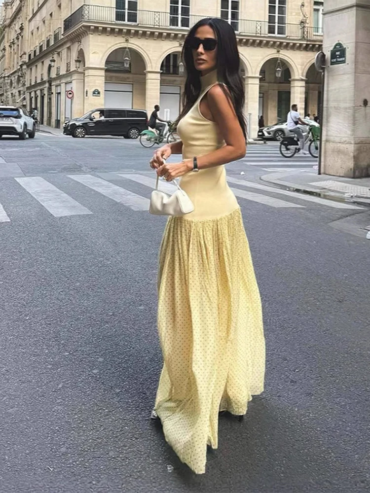 Mesh Patchwork Pleated Sleeveless Long Dress Women Stand Collar Slim  Vacation Street Dresses 2025 Summer Party Club Folds Robe - AliExpress  200000345