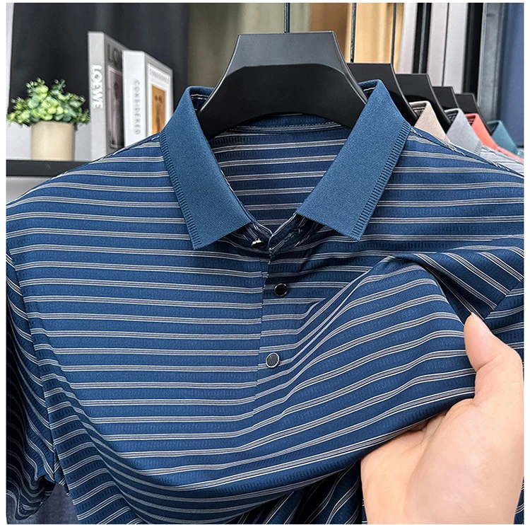 High Quality Summer Men's Business Casual Short Sleeve Comfortable Stripe Lapel Fashion Polo Short Sleeve No Trace T-shirt Top 24 S4b85c2505de54f139eb23affe8f5eb744