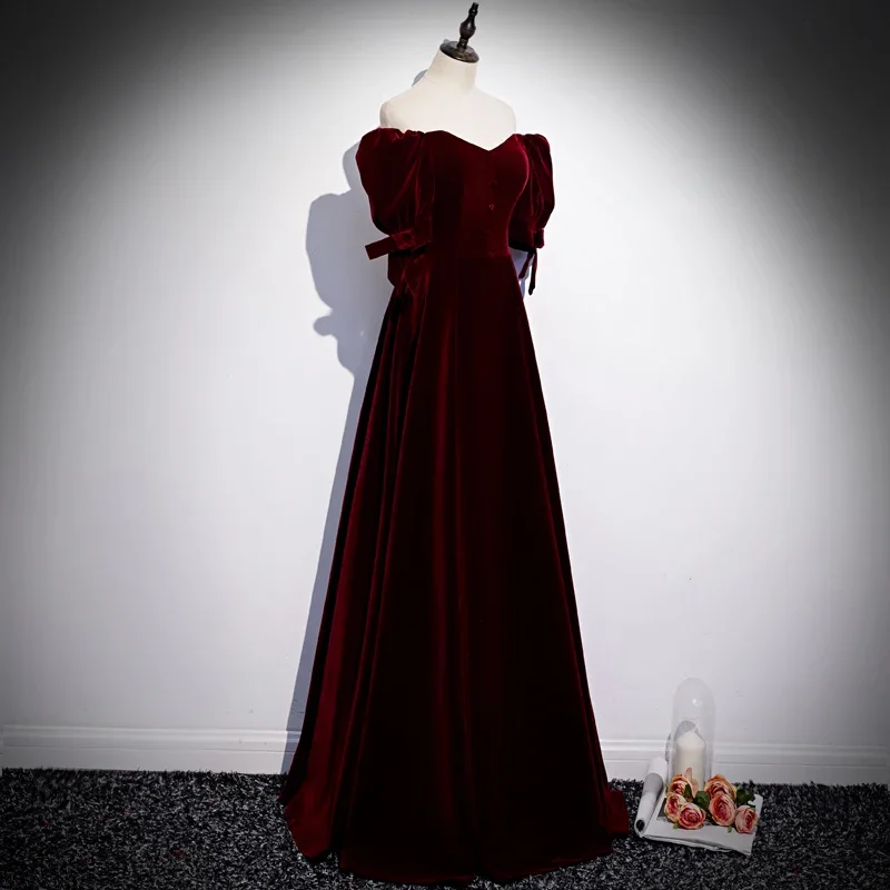 Velour Evening Dresses Wine Red Custom Plus size Lace up  A-line Floor-length Half Sleeves Boat Neck Evening Formal Dress R1250