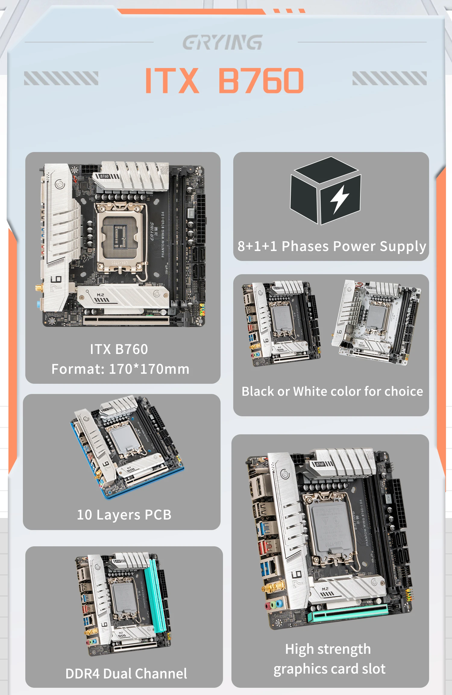 Description Picture 3 of itemERYING ITX B760i Motherboard WIFI 5 Card LGA 1700 Support Core 12/13th i9/i7/i5/i3/Pentium CPU DDR4 Memory Desktop Black Color