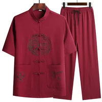 Linen (top + Pants) Middle-aged Ruffled Linen Chinese Tang Suit Men's Chinese Style Hanfu Grandpa Linen Lay Suit 1