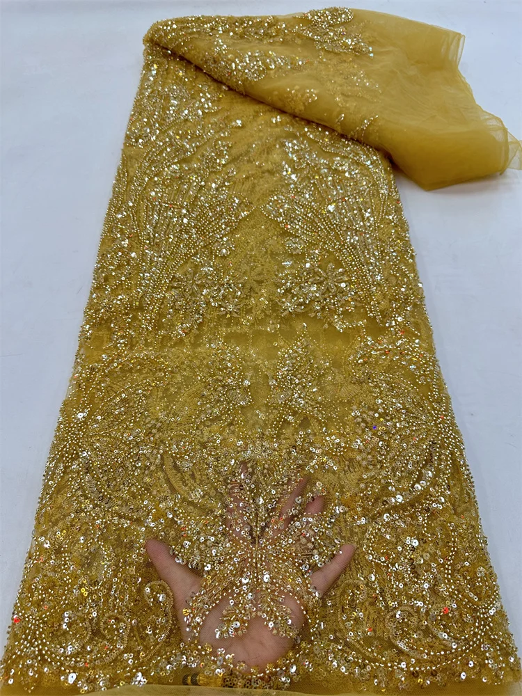 

African French Net Embroidery Elegant Luxury Handmade 3D Sequins Beaded Lace Fabric For Wedding Party Evening Dress RF75T-1