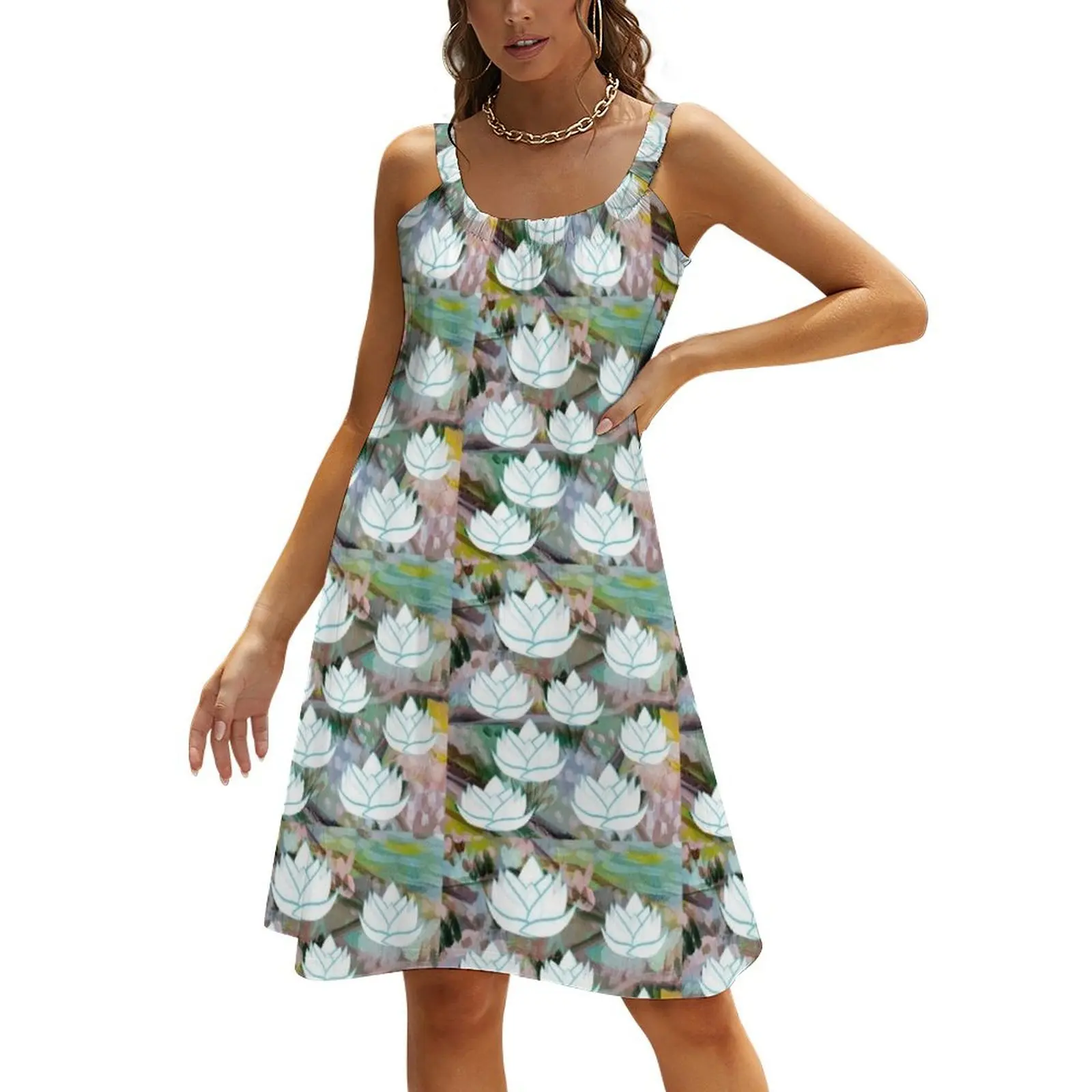 

White Lotus blue trim Beach Sling Skirt summer women's suit wedding dresses for parties