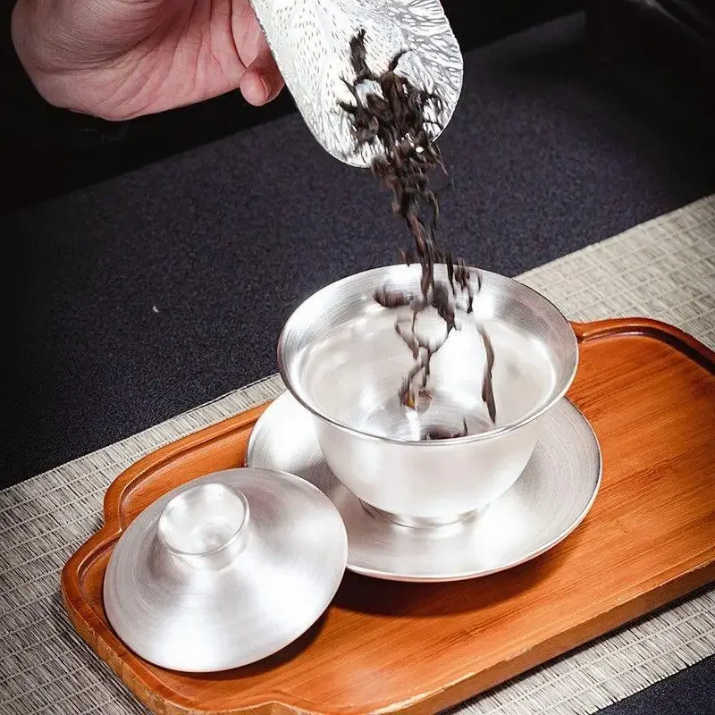 Master Hand Relief Sancai Bowl 3.3 Inches 999 Sterling Silver Covered Household Gifts High-end Tea Sets Gilt Gaiwan Supplies Bar