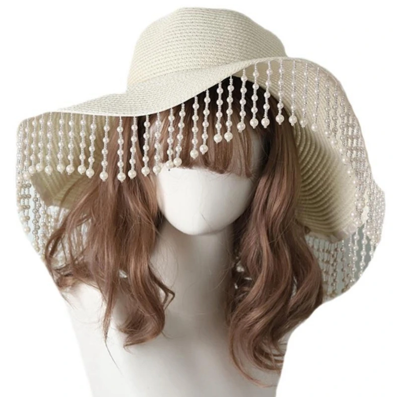 

LolitaStyle Straw Hat for Women Girls Elegant Sun Hat Artificial Pearl Tassels Bonnet Large Brim Handwoven Hat PartyWear