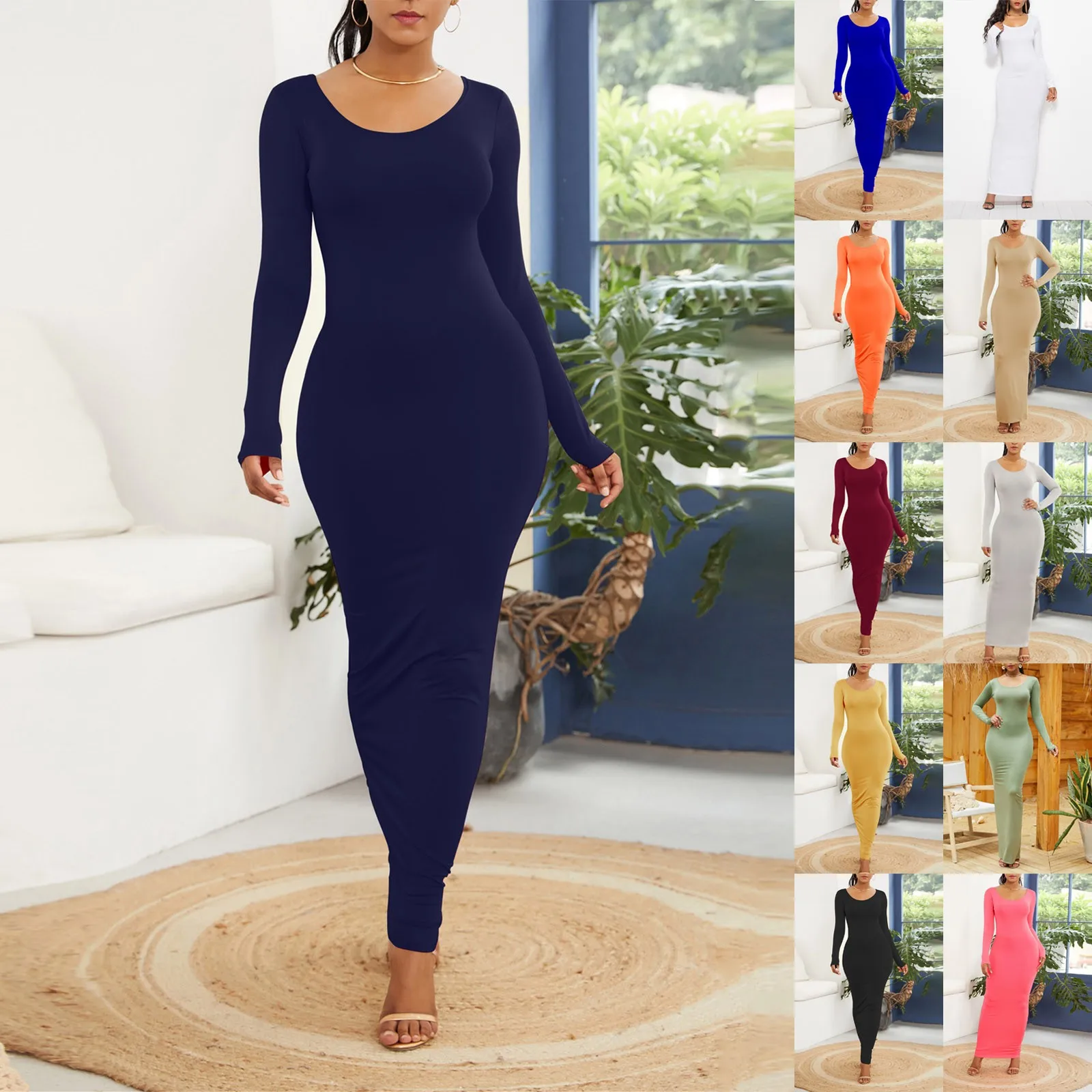 

Party Dress Casual for Women Womens Fashion O-Neck Long Sleeve Solid Color Sim Bag Maxi Dresses for Women Summer with Pockets