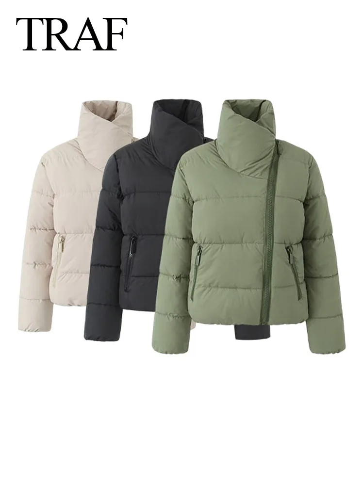 

TRAF Winter Women's Fashion Stand Collar Solid Zipper Bread Jackets Windproof And Coldproof Cotton Coat Woman Short Jacket